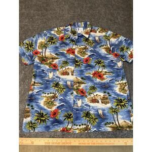 Vintage Rjc Hawaiian Shirt Mens 2XL XXL Blue Tropical Floral Native Volcano 90s